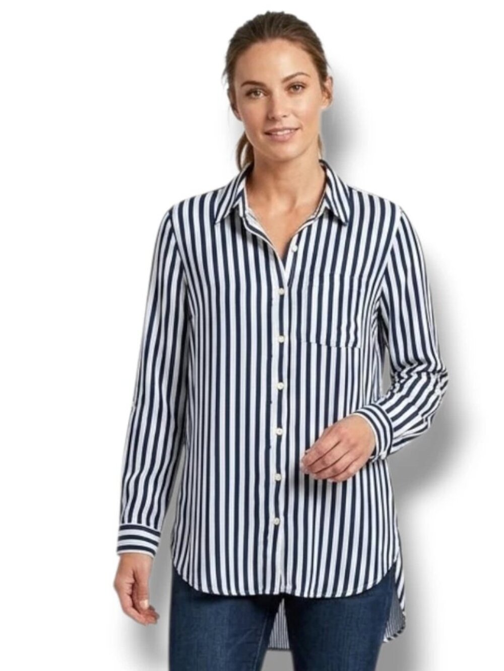 Navy Blue Striped Rayon Button Front Blouse sz XL Tab Sleeves Vented Rear